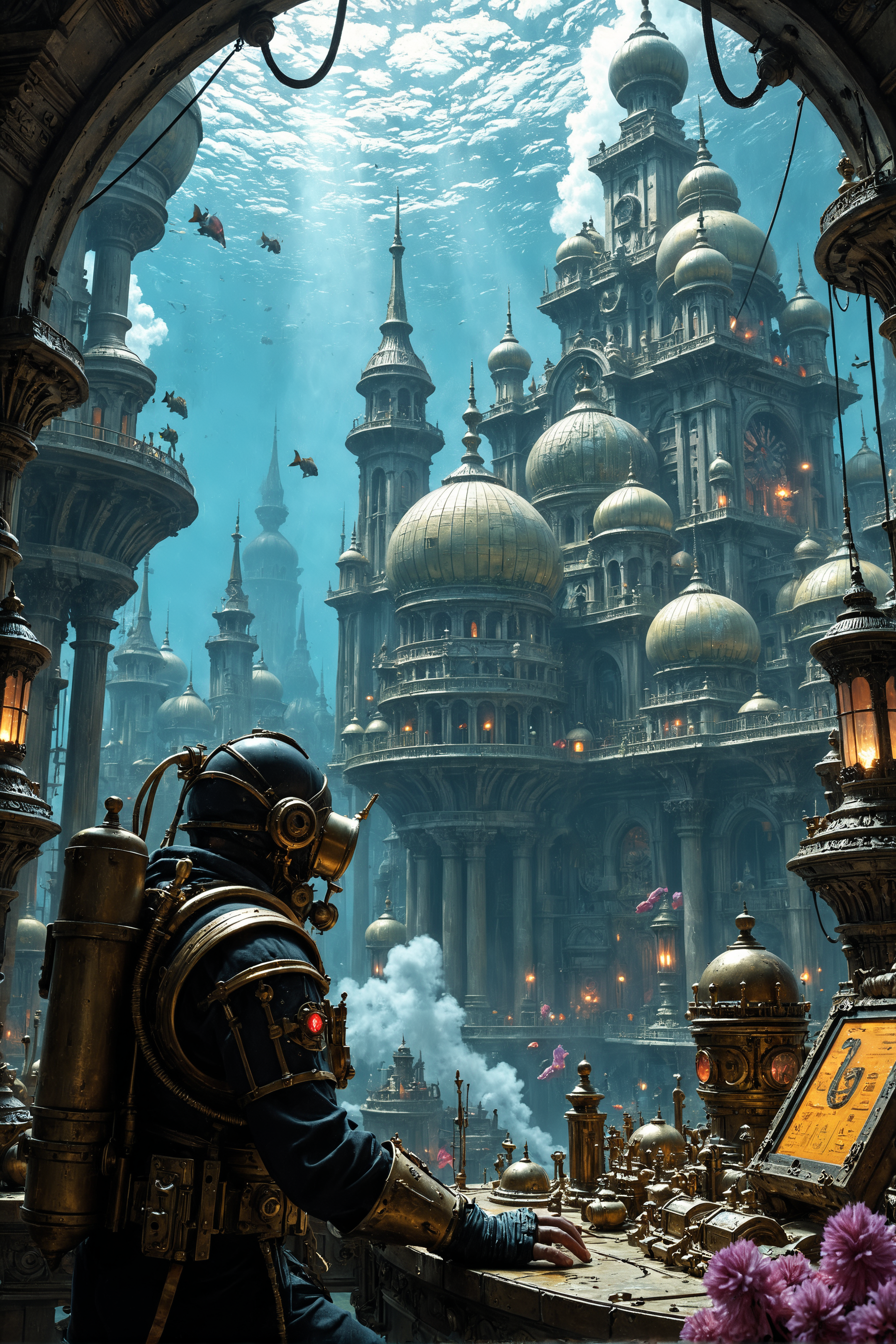 Underwater steampunk city, 8K, photorealistic, ((masterpiece, hyper-detailed)), crystalline waters, brass and copper structures, highres, ultra-sharp focus, A vast submerged metropolis of Victorian-era buildings and clockwork mechanisms. Giant glass domes protect intricate gardens while schools of mechanical fish swim between ornate spires. Steam billows from underwater vents, creating a mysterious haze. In the foreground, a diver in an antique diving suit operates a complex brass control panel, illuminated by the warm glow of bioluminescent sea creatures.