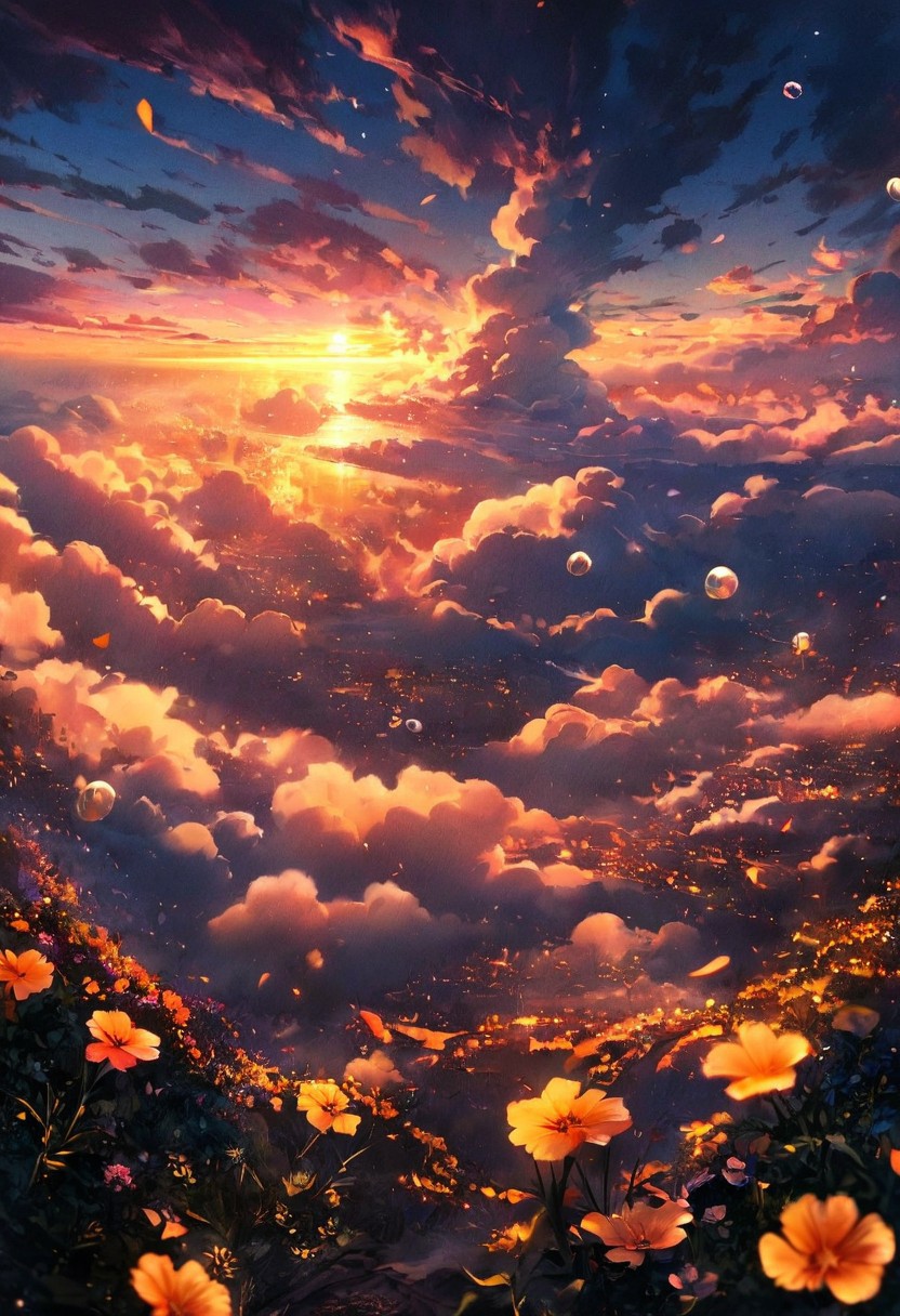 a sunset retro by city, a flowers  against a beautiful sunset. horizon, vibrant orange, from sunset orange 
 as it rises close to the  horizon, interacting with, yellow as it rises close to the  horizon  bright, turn gold near,  the area around it turns vibrant  yellow. thick fog, Petals fluttering, Soap bubbles are flying while reflecting the sunlight, beautiful view, mysterious glow, First Star, beautiful clouds, depth of field, masterpiece, best quality, 8k, ultra-detailed, very aesthetic, superb composition, finest details, intricate details, absurdres, high contrast,