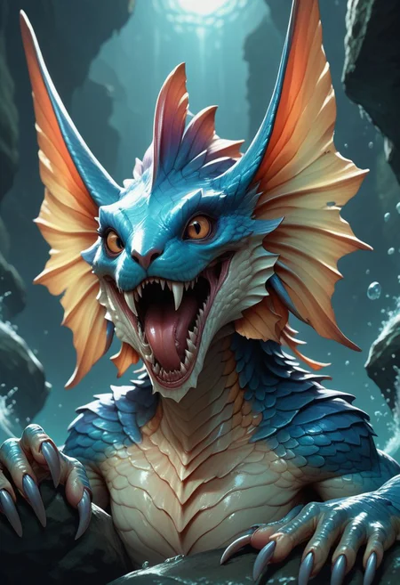score_9, score_8_up, score_7_up, fantasy aquatic  creature, large ears, massive eyes, large claws, scales and feathers, fangs, fins, pikes, vivid bright colors, water world, dynamic world,