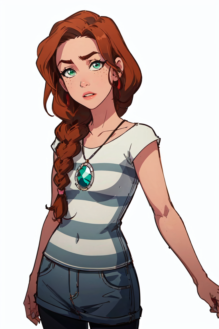 (EmilyJones:1.5), (brown hair, green eyes, side braid), (solid white background, white background:1.5), (realistic:1.2), (masterpiece:1.2), (full-body-shot:1),(Cowboy-shot:1.2), neon lighting, dark romantic lighting, (highly detailed:1.2),(detailed face:1.2), (gradients), colorful, detailed eyes,, (natural lighting:1.2), solo, 1girl,  <lora:LEGOElvesEmily-10:0.8> <lora:add_detail:0.3> <lora:BeautifulEyes:0.6>