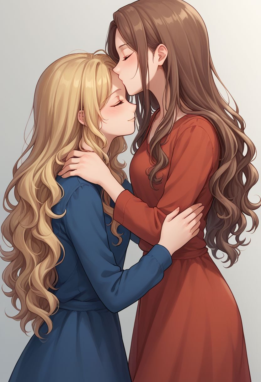 score_9, score_8_up, source_anime, highly detailed, 
kissing forehead, multiple girls, closed eyes, 2girls, yuri, kiss, long hair, profile, brown hair, blonde hair, wavy hair,
hand on another's shoulder, short hair, long sleeves,
outdoor, height difference,