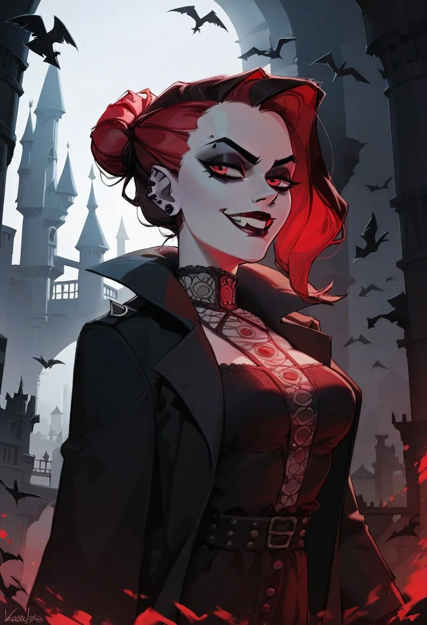 score_9, score_8_up, score_8_up, sexy woman, vampires, intricate outfit, bobcat hairstyle, black coat, smirk gothic atmosphere, crows, dark castle, outdoors, black colors, red colors, detailed background,