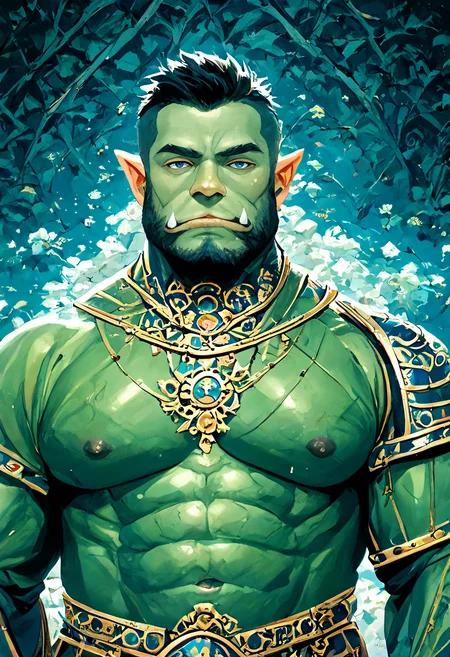 score_9, score_8_up, score_7_up, source_anime, 1boy, solo, male focus, mature male, (orc, green skin:1.5), tusks, blue eyes, short hair, black hair, facial hair, beard, mustache, looking at viewer, armor, shoulder armor, breastplate, pauldrons, upper body, closed mouth, standing, outdoors, night, night sky, best quality, masterpiece, amazing quality, best aesthetic, absurdres, mjv3, <lora:mjv3_pony-2:1.8>
