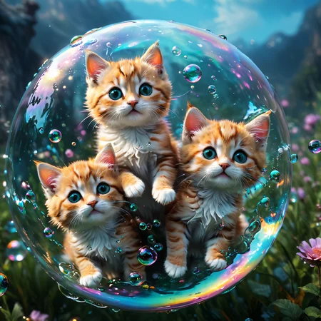 cute kittens floating inside bubbles, perfect body,high detail, realistic, light effect, hyper detail, volumetric lighting, cinematic, macro, depth of field, blur, surreal landscape, imagination swirling, dreamworld, octane render, excellent composition, dynamic dramatic cinematic, art by mooncryptowow, <lora:WowifierXL-V2:0.5> <lora:xl_more_art-full_v1:1> , splashes of color and creative chaos,