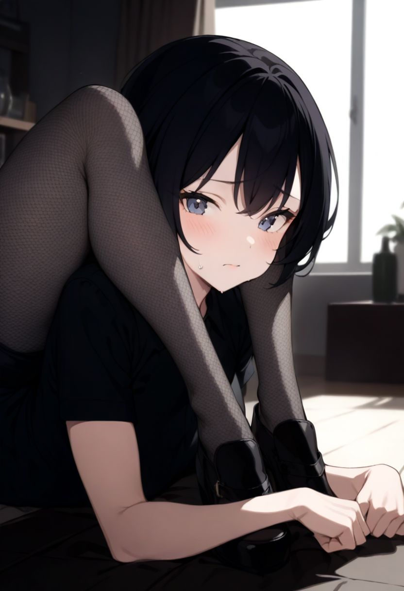 (masterpiece, best quality:1.2), 1woman, solo, Caucasian, black hair, focused facial expression, wearing fishnet stockings, black leotard, performing a contortion pose, legs bent over shoulders, resting chin on arms, indoors, sitting on a cushion, window in the background with daylight outside, bowcheststand