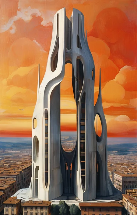 masterpiece,best quality,<lora:tbh302-sdxl:0.9>,illustration,designed by Filippo Brunelleschi Futuristic skyscraper with organic shapes, inspired by Zaha Hadid, gleaming under a sunset sky