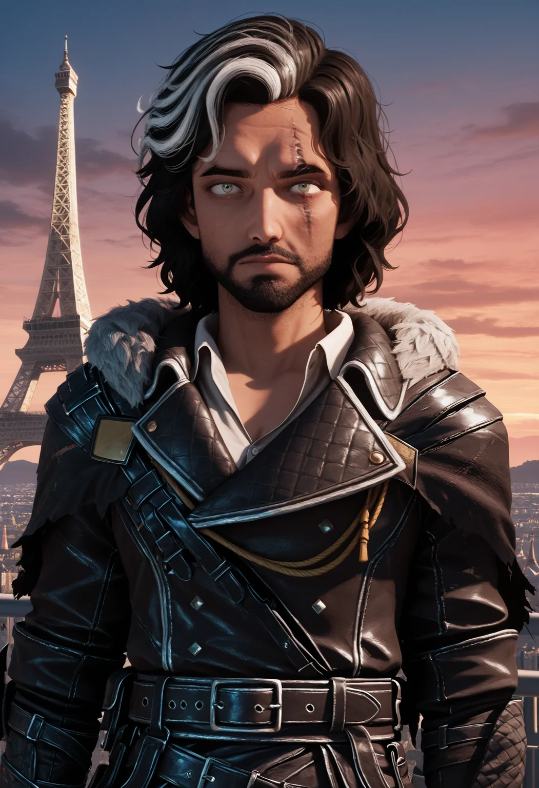 masterpiece, best quality, amazing quality, <lora:verso_illustrious_byJaneB:1> versoe33, multicolored hair,  scar across eye,
fur trim, leather armor,, belt,  eiffel tower, upper body, dusk,