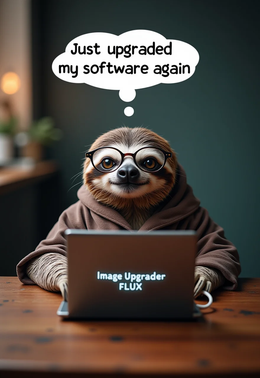 a professional photo of A sloth mit magic robe sitting at a desk with a tiny laptop, wearing glasses and looking very serious. Above the cat, a thought bubble reads "Just upgraded my software again" On the screen of the laptop, the Text: "Image Upgrader FLUX" is displayed prominently. , , aidmaimageupgrader