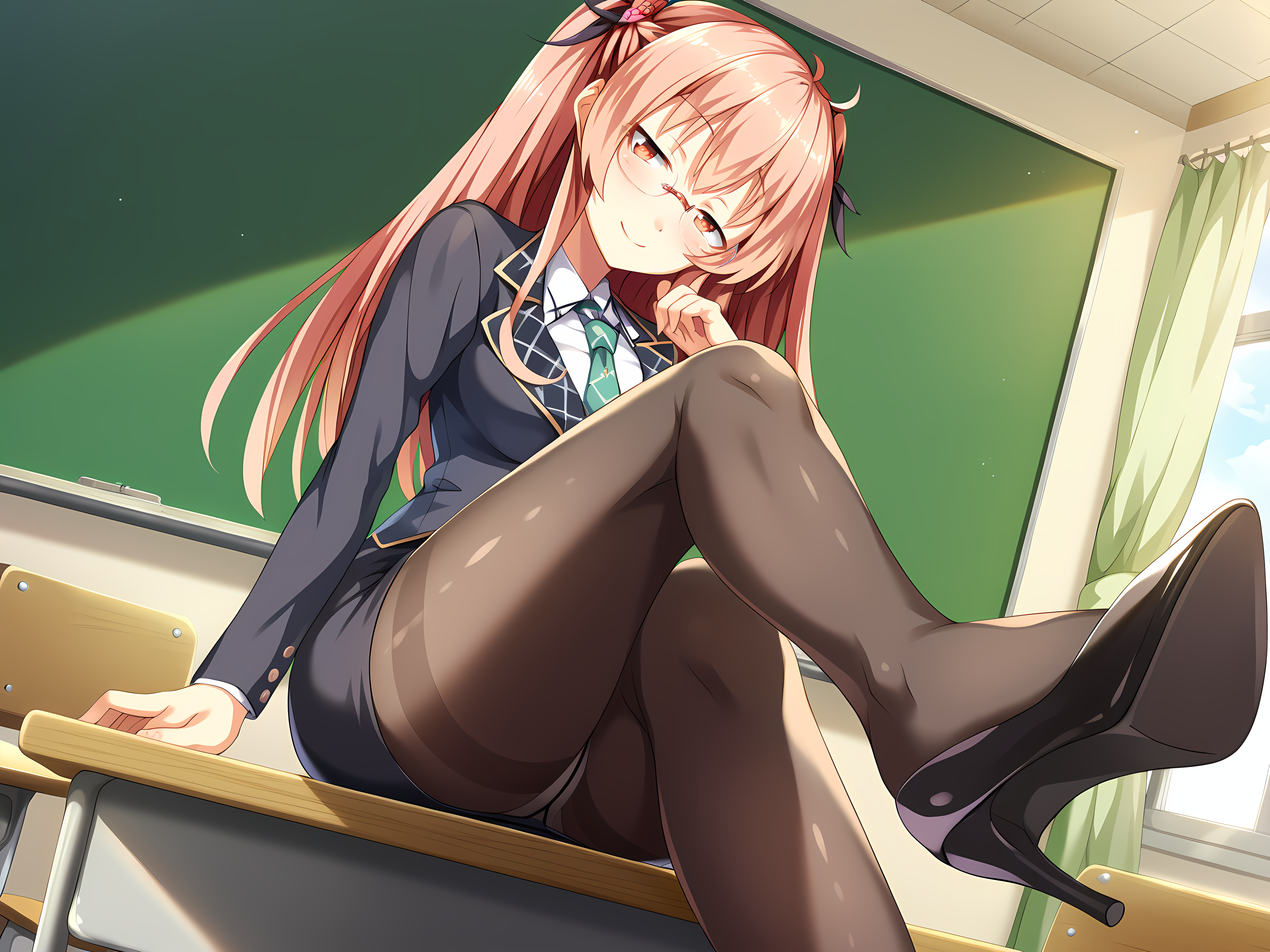 <lora:ESCUDE_-_Yamizome_Revenger_-_All_in_One:0.9>,escude,ayaka,strawberry blonde hair,teacher,pantyhose,indoors,classroom,seductive smile,blush,pencil skirt,dress shirt,blazer,necktie,glasses,sitting on desk,high heels,shoe dangle,foot focus,, score_9, score_8_up, score_7_up,source_anime,(masterpiece),(best quality),(ultra-detailed),(best illustration),(best shadow),(absurdres),(detailed background),(very aesthetic),source_anime