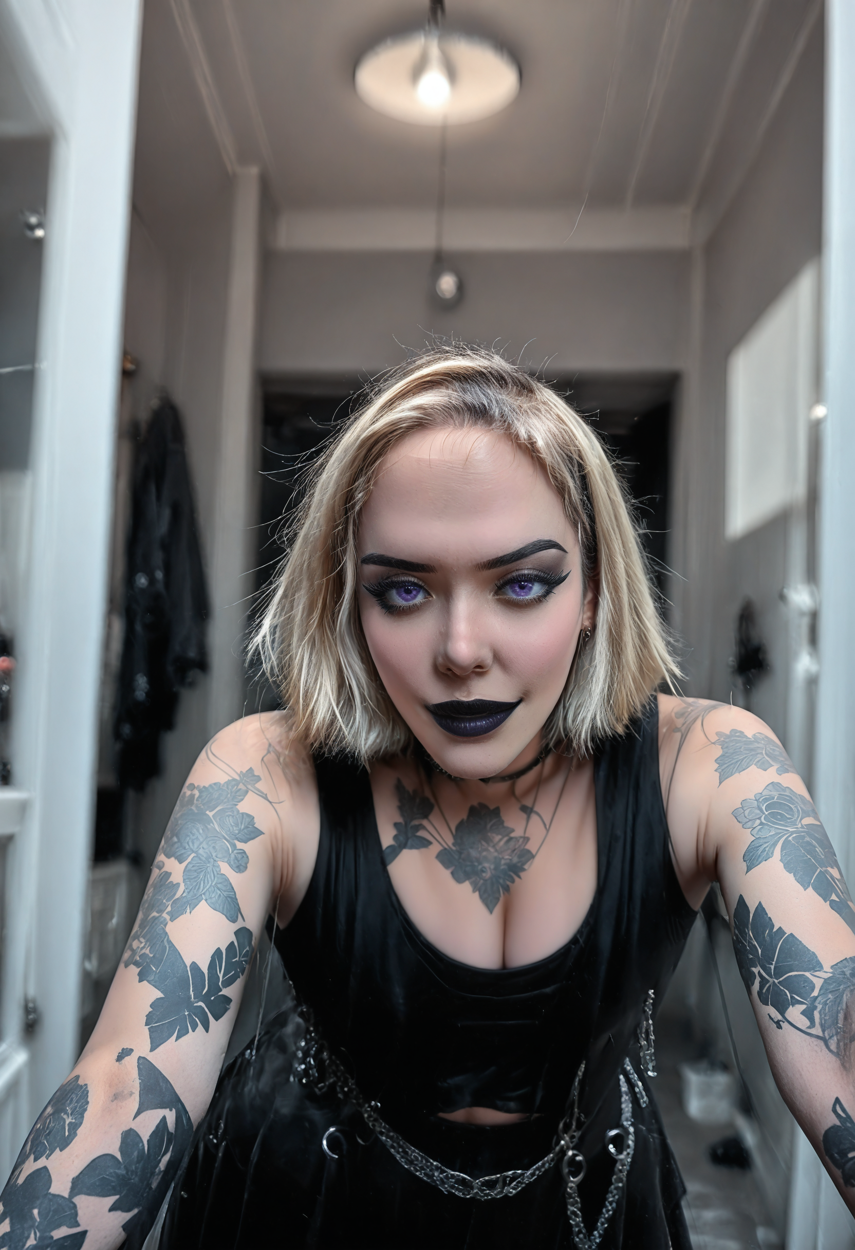 <lora:Thicc_Goth_Gf:1>photo  thicc goth gf, tattooed thick gothic woman, 1girl, purple eyes, Dirty blonde hair, subsurface scathering, depth of field, skin pores, detailed skin, masterpiece, best quality, newest, absurdres, highres, feeling, impact, very awa, dim lighting, sidelighting, skindentation, amazing quality, scenery, very aesthetic, newest, volumetric lighting, blending, <lora:add-detail-xl:1> <lora:cfg_scale_boost:1> <lora:sdxl_enhance:1> <lora:spo_sdxl_10ep_4k-data_lora_webui:1>