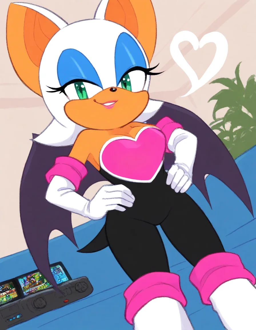 , <lora:rouge-the-bat-illustriousxl-lora-nochekaiser:1>, rouge, animal ears, bat ears, bat girl, bat tail, bat wings, eyeliner, furry, furry female, green eyes, makeup, tail, white hair, wings, eyeshadow,, bare shoulders, boots, elbow gloves, gloves, heart, knee boots, white footwear, white gloves,, living room, video game, controller, competitive, fun, afternoon, , smug, hands on hips,, looking at viewer, solo,, dutch angle, cowboy shot