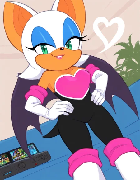 , <lora:rouge-the-bat-illustriousxl-lora-nochekaiser:1>, rouge, animal ears, bat ears, bat girl, bat tail, bat wings, eyeliner, furry, furry female, green eyes, makeup, tail, white hair, wings, eyeshadow,, bare shoulders, boots, elbow gloves, gloves, heart, knee boots, white footwear, white gloves,, living room, video game, controller, competitive, fun, afternoon, , smug, hands on hips,, looking at viewer, solo,, dutch angle, cowboy shot