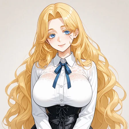 1 girl, european woman, thin waist, excessive freckles, natural large saggy breasts, cute smile from ear to ear, narrow clavicles, fair skin, mole under eye, skirt, shirt, long sleeves, ribbon, school uniform, white shirt, collared shirt, black skirt, neck ribbon, blue ribbon, corset, mimimi utsukushisugi, long hair, bangs, blue eyes, blonde hair, very long hair, parted bangs, hair intakes, colored eyelashes, mature female