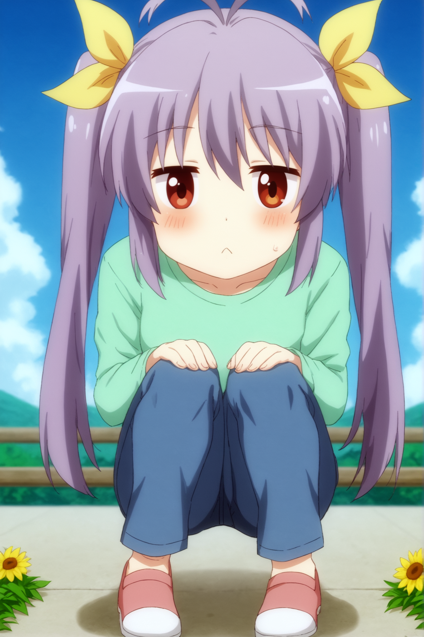 <lora:Renge_Miyauchi:0.7>, Renge Miyauchi, 1girl, solo, looking_at_viewer, blush, shirt, long_sleeves, ribbon, flower, outdoors, sky, pants, day, cloud, blue_sky, squatting, :<, green_shirt, hands_on_own_knees <lora:sdxl_lightning_4step_lora:1>
