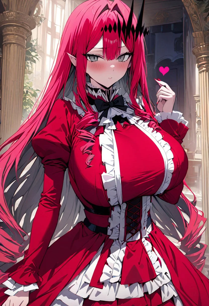 masterpiece, best quality, ultra-detailed, anime, masterpiece, intricate, best quality, 4k, (high detail:1.2), (incredibly detailed:1.4), (high detailed background, mansion), baobhan-sith-(fate), huge breasts, look away from viewer, finger heart, blush