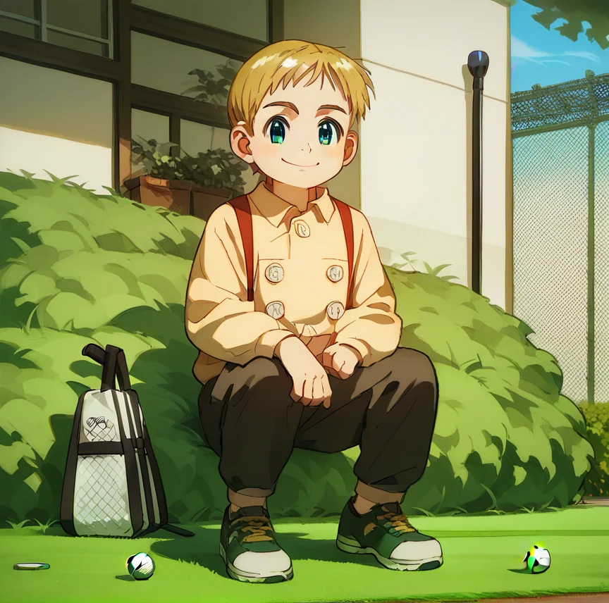 score_9,score_8_up,score_7_up,score_6_up,best aesthetic,absurdres,intricate details,best quality,masterpiece,source_anime,anime coloring,male focus,solo_focus, <lora:Gawain_Rising_Impact_PONY:1>blond hair, blue eyes,score_9, score_8_up, score_7_up, source_anime, highly detailed, solo, 1boy, male focus,full body staying, smile, , solo focus,golf, golf bag, on golf yard, outdoor