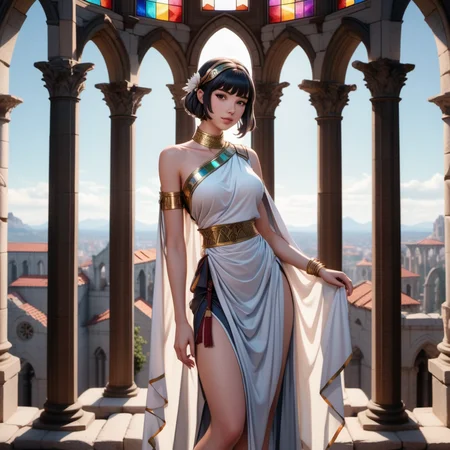 Avery from Canada, (short-cut:1.2) combed [violet-black:.3] hair, fullbody  image of a girl wearing a fantasy_ toga, <lora:fantasy_toga_sdxl:1>,ruins of a cathedral, crumbling pillars, stained glass shards, spiritual remnants