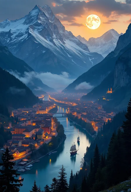 ((best quality:2)), ((masterpiece:2)), (detailed:2), (High quality:2),(high resolution:2).
large mountain range, with snow-capped peaks, lots of trees, with a long, wide river running in the middle of the valley, a medieval-style city lit by candles, at night, with a large port and galleons sailing, seen from the sky, and a full moon.
