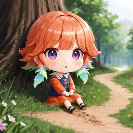 Masterpiece, best quality, (tiny takanashi kiara, chibi:1.2), hololive, purple eyes, long hair, orange hair, gradient hair, green hair, tiny human, miniature, minimized, :O, sitting, on ground, dirt path, in a medieval street, grass, trees, flowers, sunlight, detailed background, atmospheric lighting, warm lighting <lora:allVtubersLora_hll31:1>