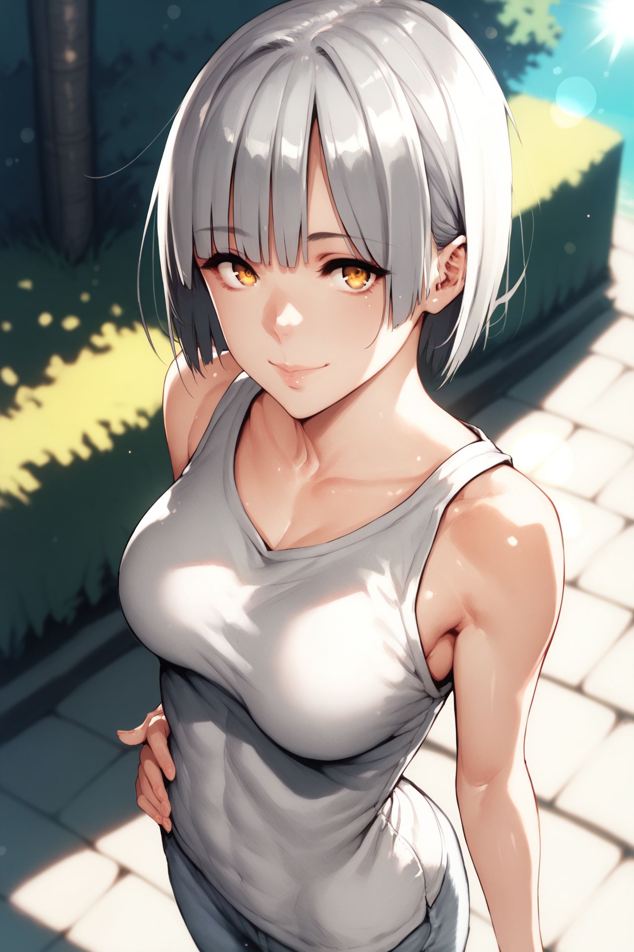 score_9, score_8_up, score_7_up, 1girl, cheeky smile, looking at viewer, hands_on_hip, dark grey hair, asymmetrical_fringe, bangs, golden eyes, breasts, silver clothes, outdoors, from above, lens flare <lora:napata_PonyXL_style_v01:1>
