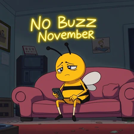 anime screencap of a sad anthropomorphic cartoon bee sitting on a couch in a run-down apartment and holding a remote. The words "No Buzz November" are in yellow neon lights above his head. The image overall evokes a cartoonish anime style,with vivid colors and dynamic shading.