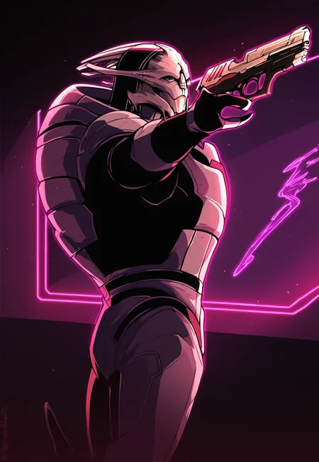score_9, score_8_up, score_7_up, mass effect, BREAK, sarenarterius, 1boy, male, alien, solo, closed mouth, armor, hood, weapon, gun, holding weapon, holding gun, holding, shooting pose, aiming, standing, cowboy shot, indoors, no lights, dark room, indoor alley, neon lights, detailed background, science fiction, futuristic