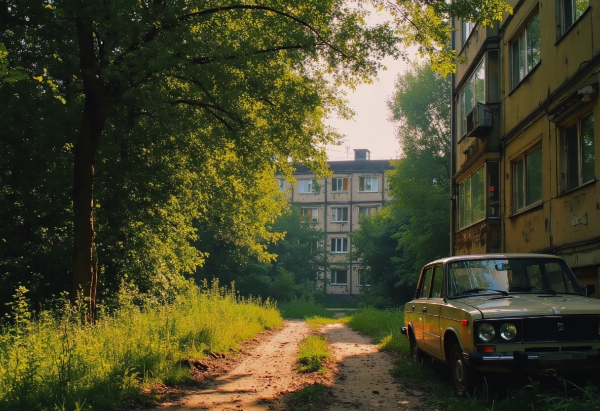 A classic Russian suburban scene featuring a muted Soviet-era giant futuristic "panelki" residential building partially hidden behind a grove of lush trees. The building, constructed from prefabricated concrete panels, exemplifies utilitarian mid-20th-century architecture with a weathered facade painted in desaturated tones.

Surrounding the building is a dense thicket of birches, maples, and pines typical of Russian residential courtyards. Rays of golden sunlight pierce through the tree canopy, casting gentle, soft beams across the scene. Shadows of branches ripple over the building’s walls and the uneven, unpaved path leading to its entrance. This pathway is bordered by scattered grass and wild greenery, creating a slightly overgrown and unkempt aesthetic.

In the foreground, subdued tones dominate the vibrant greens of shrubs and tall grass, further emphasizing the natural yet understated palette. To the right, a vintage VAZ-2106 car, slightly faded, is parked under the shade of trees, contributing to the nostalgic and authentic Russian setting. The entire composition captures the tranquil, timeless essence of Russian suburban life, with sunlight offering a touch of warmth to the subdued, quiet environment.