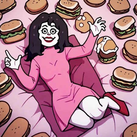 score_9, score_8_up, score_7_up BREAK ValeAyV, 1girl, wavy black hair, black eyes, pale skin, red lipstick, long-sleeved pink dress, high-heeled red shoes, surrounded by sandwiches, cartoon, source_cartoon, sandwiches everywhere, happy, smiling, joyful,
