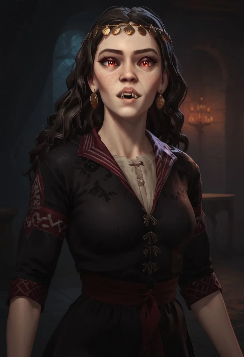 score_9, score_8_up, score_8_up, raw, ck3_fem_char_1, pale white skin, bloodshot eyes, red eyes, earrings, gold circlet, wavy hair, vampire, black silk medieval tunic, vampire, fangs, arcan3styl3v1, dark, night, castle hallway, (cowboy shot:2),