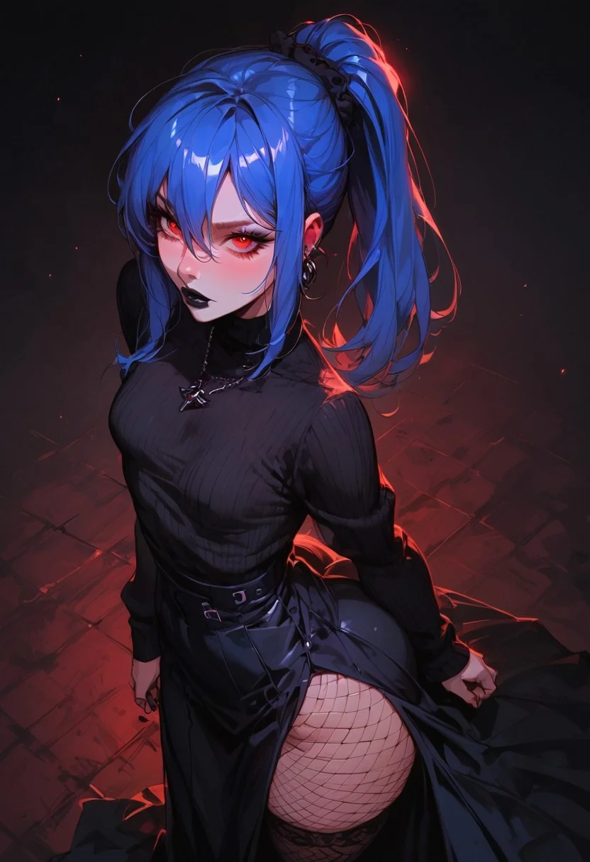 score_9, score_8_up, score_8_up, raw, photo, source_anime, 2.5D, rating-explicit, Goth girl, high detail, detailed face, Expressiveh,1girl, blue hair, anime bangs, hair between eyes, ponytail, red eyes, detailed eyes, girl, big ass, huge thighs, wide hips, perfectly round breasts, medium breasts, petite body, skinny, wide hips, makeup. light skin, tiny breasts, narrow waist, wide hips, bubble butt, black lipstick, short girl, wide hips, Expressiveh, gigantic thighs, huge thighs,
black sweater, wide skirt, fishnets, thigh highs, slender, goth clothes, night, dark, dark sky, dark background, gothic, dynamic angle, long skirt, high angle view, looking up at viewer, side profile, walking away