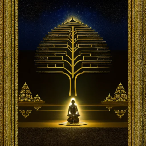 <lora:liminalSpaceLora_v2Deliberate:0.75> The subject of this artwork is the interplay between our concept of the universe and our concept of self., The Hierophant: A person kneeling in front of a religious figure or spiritual leader, symbolizing tradition, spirituality, and guidance from a higher power.,, Dark fantasy, high contrast Old Hollywood Assemblage, opening unpredictable A tree growing out of a book, representing knowledge and growth. In Elegant room, Concert poster, Aestheticism, glowwave, cyberdelic, dark academia dynamic lighting atompunk, Arabesque, by Joel Sternfeld, Nicholas Roerich, Jacques-Louis David and Takashi Murakami (Superflat), glitchcore, sepia, cgsociety LIMINAL SPACE