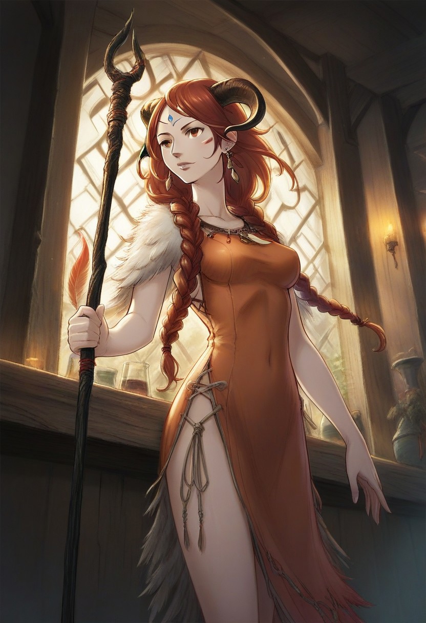 score_9, score_8_up, score_7_up, score_6_up, illustration, BREAK 1girl, solo, braid, jewelry, horns, long hair, feathers, earrings, staff, brown hair, dress, facial mark, brown eyes, twin braids, red hair, (bar, bar background),cowboy shot, dutch angle