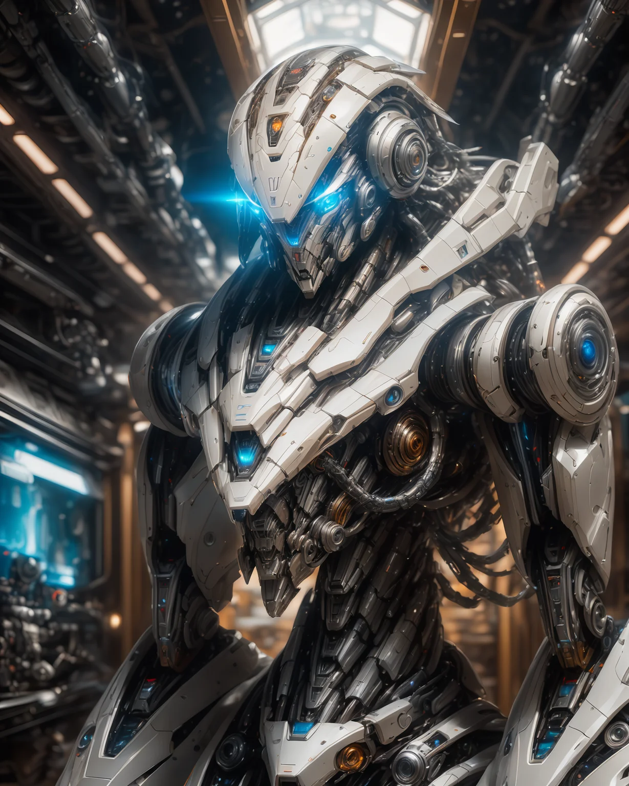 full_body, 1girl, mecha, glowing blue eyes, cute, biomechanical, complex robot, interior spaceship background in bokeh, hyper realistic, hyper detailed, intricate, insane fine details, crisp focus <lora:compb0t:0.8>