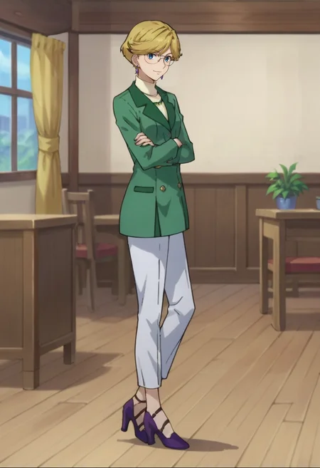 score_9,score_8_up,score_7_up,score_6_up,score_5_up,score_4_up,source_anime,<lora:Mrs._Halevy_Gundam_00_Pony:0.7>,mrshalevy,1girl,solo,blue eyes,blonde hair,short hair,glasses,jewelry,earrings,green jacket,white pants,purple footwear,high heels,smile,standing,crossed_arms,indoors,room,looking at viewer,