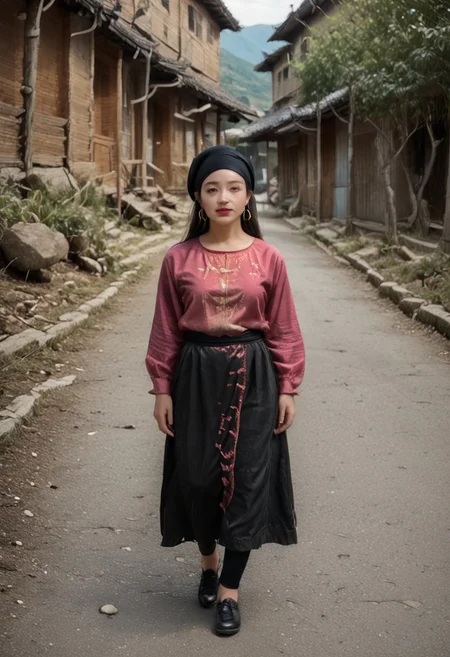 yao people, yao, chinese, solo, ethnic minority, hunan, 1girl, ((small black turban)), sarafan, (bright magenta silk tunic) ((embroidered)), realistic, detailed, ((intricate embroidery in white and black thread)), ((big silver hoop earrings)), ((black hair)), (dark black skirt), (black leggings), short white socks, small black opentop shoes, 24 years old, mountains, pathway, standing
