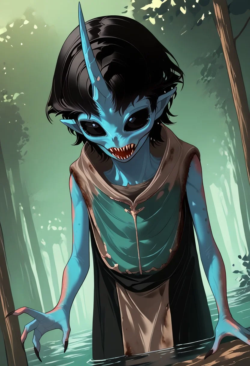((Alien humanoid)),
((Alien species)), solo, androgynous, aquatic features
blue skin, ((webbed hands)):1.3,
((No nose)):1.3, ((nostrils only, nostril slits, vertical nasal slits, narrow nostrils)):1.5, ((narrow eyes)), ((black sclera, black irises)), smooth skin, pointy ears, small ears, tiny ears, holes in skin, forehead horn, short horn, veiny horn, ((single horn)):1.0, ((4 fingers)), fingernails, thin lips, ((black hair)), ((short hair, spiky hair)), sharp teeth, digitigrade legs, bent legs,
Distant shot
ragged clothes, muddy clothes, loincloth, tunic, dirty
Medieval style, fantasy style,
((Variety)):1.2
((dutch angle, 3/4 view))
river background
fully clothed, loose clothing, clean lines, smooth colors, detailed fingers, sfw, source: realistic, rating: pg, score: 8 up, score: 9