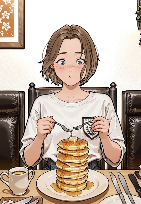 masterpiece,RobynSpade, Short hair, Brown hair, freckles, blue eyes, masterpiece, best quality, amazing quality, 1girl, solo, kissaten, japanese cafe, sitting, 1girl, solo, food, holding knife, table, holding fork, syrup, sitting, pancake stack, plate, 1girl, chair, hotcake, cup, butter, (masterpiece:1.3), best quality, high resolution, unity 8k wallpaper, (illustration:1.2), 8K, detailed background, window,