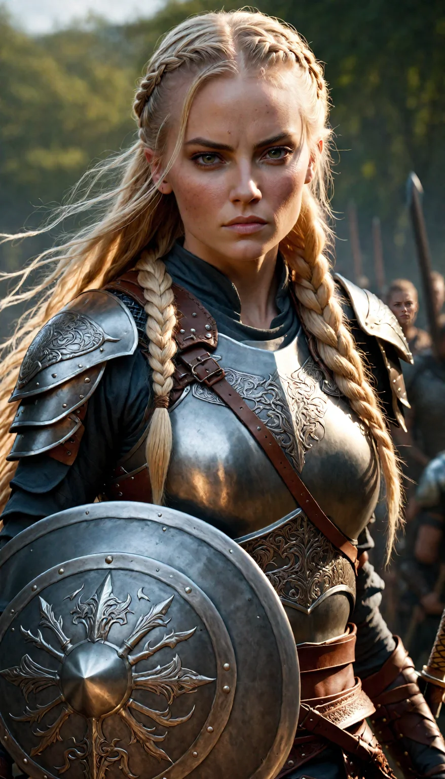 hyperrealistic photo of a female warrior with a sword and shield, long blonde braided hair, intricate leather armor, detailed skin texture, cinematic lighting, sharp focus, ultra-realistic, 8k, very detailed, high quality