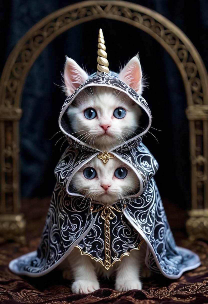 Let's delve into the realm of dark whimsy with a unique creation—a unicorn kitten draped in an eerie reaper costume. Imagine a tiny, fluffy kitten with a shimmering white coat, delicate pastel-colored horn protruding from its forehead, and bright, curious eyes peering out from beneath a hooded reaper cloak. The cloak, a deep, midnight black, billows around the kitten, its fabric adorned with intricate, ghostly patterns that glimmer in the dim light. The kitten's tiny paws extend from the cloak, each one tipped with tiny, gleaming claws that reflect a faint, ethereal glow. A sense of mystery and intrigue surrounds this tiny creature as it gazes up at you with a mix of innocence and otherworldly wisdom, a juxtaposition of the adorable and the eerie blending seamlessly in this captivating portrayal.