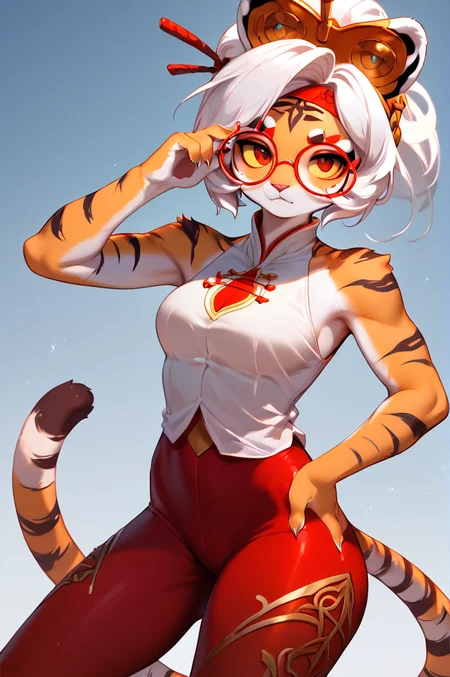 Score_9, Score_8_up, Score_7_up, Score_6_up source_furry,
1girl, red glasses, hair ornament, solo, red headband, white hair, sleeveless shirt, red leggings, red eyes, yellow sclera, bare shoulders, tiger, furry, tiger ears, female_tiger, furry female, bare arms, <lora:purah-pdxl-nvwls-v1:1> <lora:Anthro_Tiger_Lora_for_Pony:0.5>