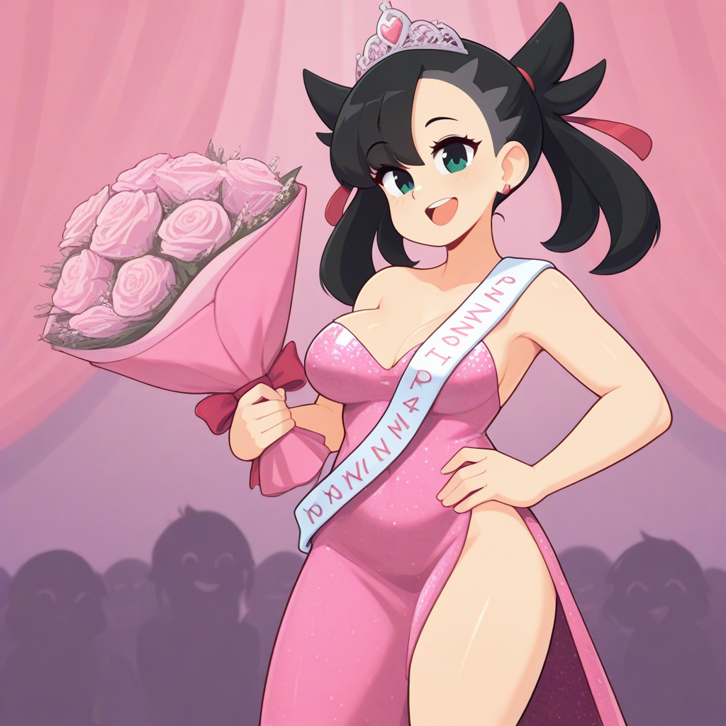 source_western, cowboy shot, (drawn by Scott Malin, drawn by Squeezable \(squeezabledraws\), drawn by Fizintine), marnie\(pokemon\), wide happy open mouth smile,
<lora:Pageant_Sash:1.3> (girl wearing thick (P4g34n7_s4sh, wide ((shoulder_sash)) diagonal across full torso with ((english letters))):1.2), beauty pageant winner, ((skin tight, ((shiny sequin fabric)), strapless formal dress, ((very long maxi length dress)), pink dress, single leg slit up to hip dress, ((shiny sequins)), ):1.1), cleavage, tiara, holding large bouquet of flowers, on stage, stage curtains, crowd, indoors,