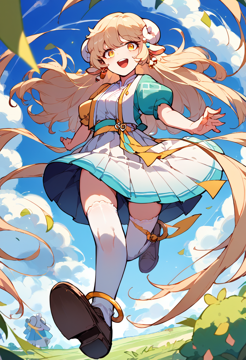 score_9,score_8_up,score_7_up,source_anime,zPDXL3,grasslands,
*//*,<lora:Lara_v1.0:0.9>,1girl,lara,tassel,hanbok,blonde hair,long hair,white horns,yellow eyes,sheep ears,white thighhighs,puffy short sleeves,brown shoes,earrings,anklet,bell,smile,open mouth,
*//*,looking at viewer,cowboy shot,dutch angle,dynamic pose,