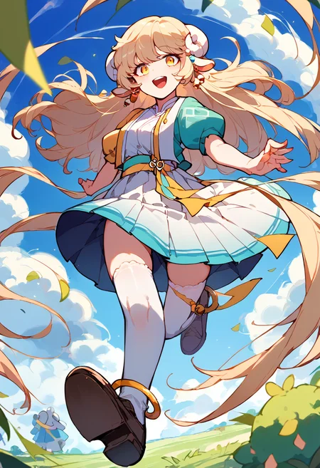 score_9,score_8_up,score_7_up,source_anime,zPDXL3,grasslands,
*//*,<lora:Lara_v1.0:0.9>,1girl,lara,tassel,hanbok,blonde hair,long hair,white horns,yellow eyes,sheep ears,white thighhighs,puffy short sleeves,brown shoes,earrings,anklet,bell,smile,open mouth,
*//*,looking at viewer,cowboy shot,dutch angle,dynamic pose,