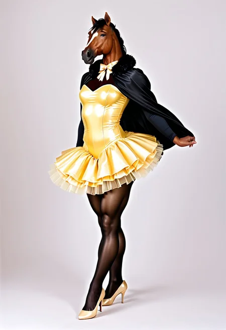 Furry, equine, daddy, tall, muscle, effeminate, sissy, discrete bulge, crinoline, ballet, gold, tutu, crossdresser, transvestite, pantyhose, petticoats, graceful, sensual, pretty, delicate, cute, brown, pleated skirt, leotard, long-sleeve bodysuit, satin cape, knee-high leather riding boots, full body, no background, smiling, traditional, HD, hyper realistic, Ue5