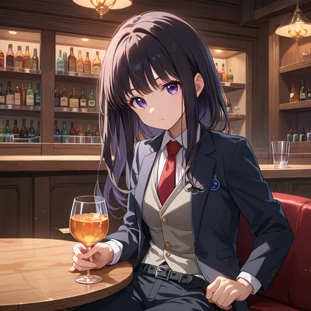 score_9, score_8_up, score_7_up, score_6_up, score_5_up, score_4_up, BREAK source_anime, look at viewer, rating_safe, 1girl, solo, bar, indoors, sitting, hold glass, masterpiece, best quality, high detailed skin, inoue takina, long hair, black hair, purple eyes, black jacket, suit, red necktie, grey vest, black belt, black pants,