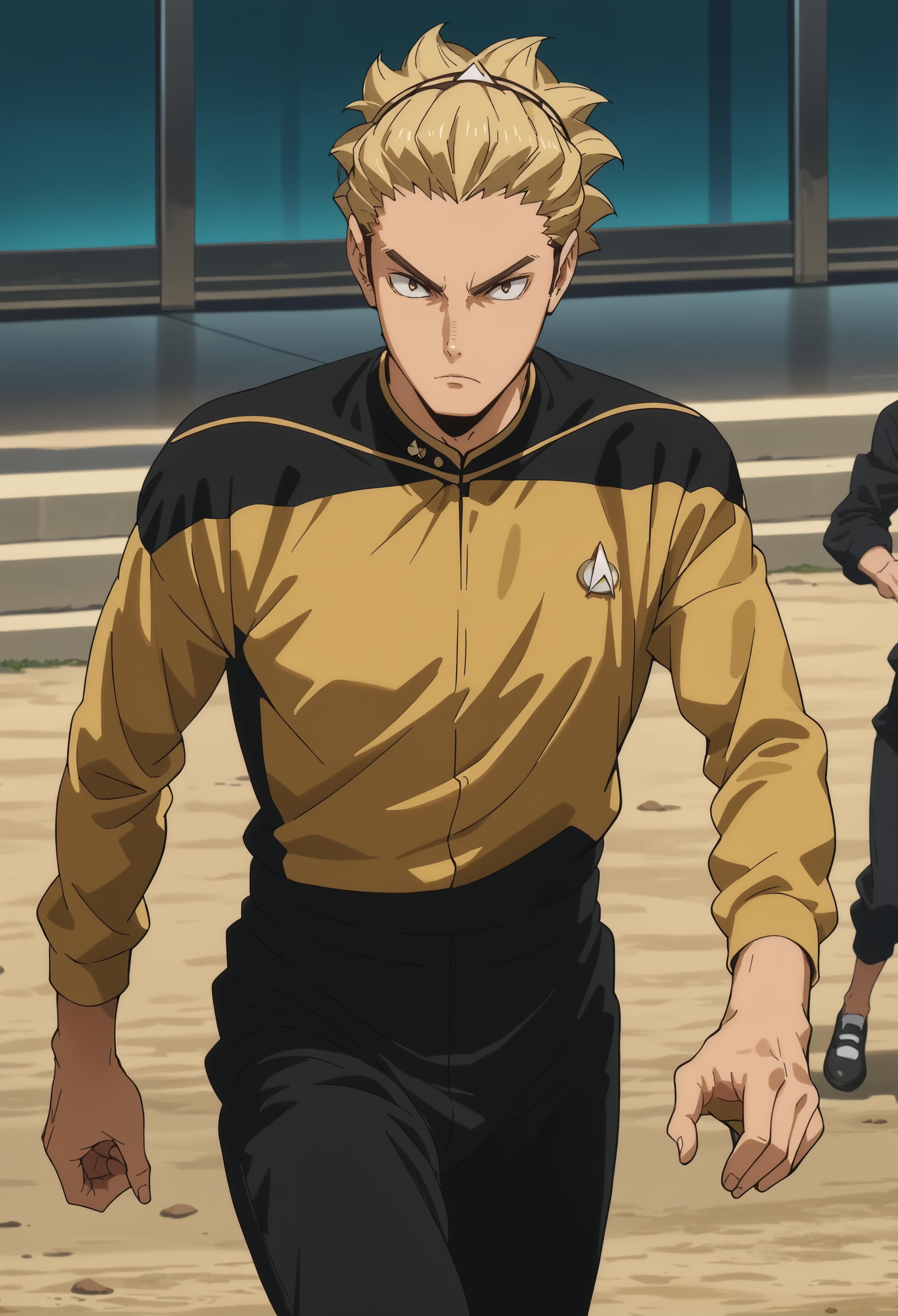 score_9, score_8_up, score_7_up, source_anime, rating_safe, Ukaikyu, 1boy, male focus, anime screencap, running,<lora:Ukai-000009>
sttng1,star trek yellow uniform,black shoulders,black pants,long sleeves
,<lora:TNGS1-000030>