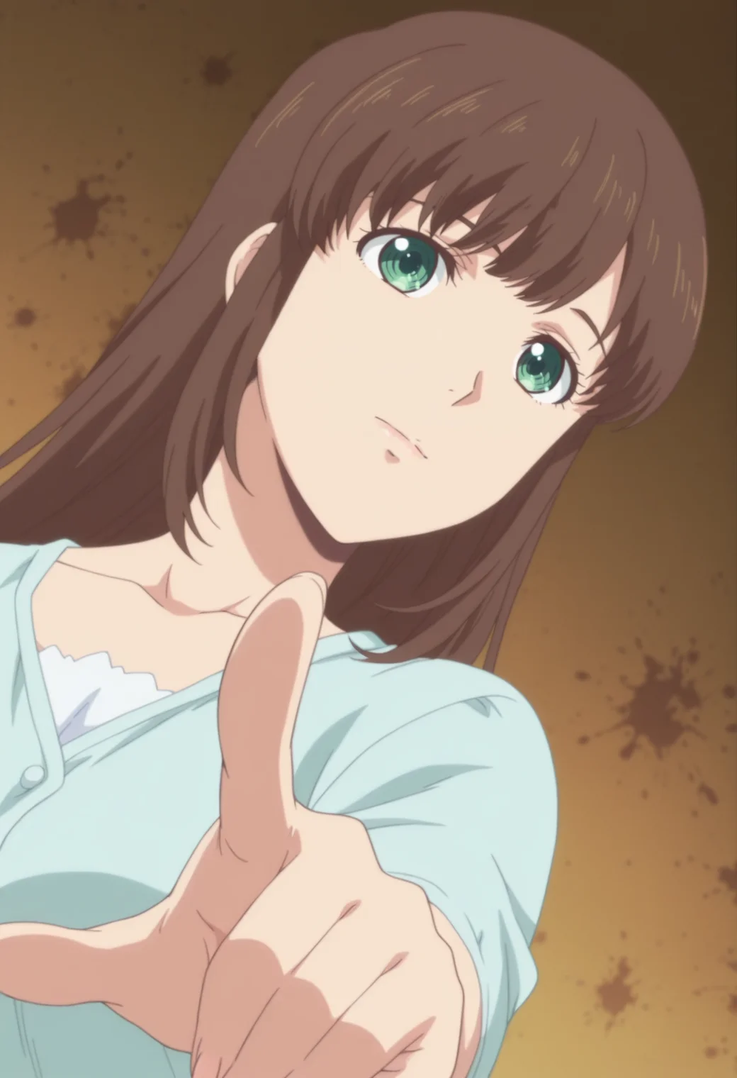 anime screencap, anime coloring, 1girl,  solo,   <lora:DX888Tachibana:1>  tachibana hina,green eyes, brown hair, long hair, hair down, BREAKpurple background, splatter background, BREAK dutch angle,  from below, dynamic pose, posing,  , light smile,      pointing at another,
