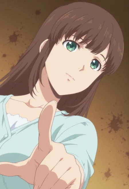 anime screencap, anime coloring, 1girl,  solo,   <lora:DX888Tachibana:1>  tachibana hina,green eyes, brown hair, long hair, hair down, BREAKpurple background, splatter background, BREAK dutch angle,  from below, dynamic pose, posing,  , light smile,      pointing at another,