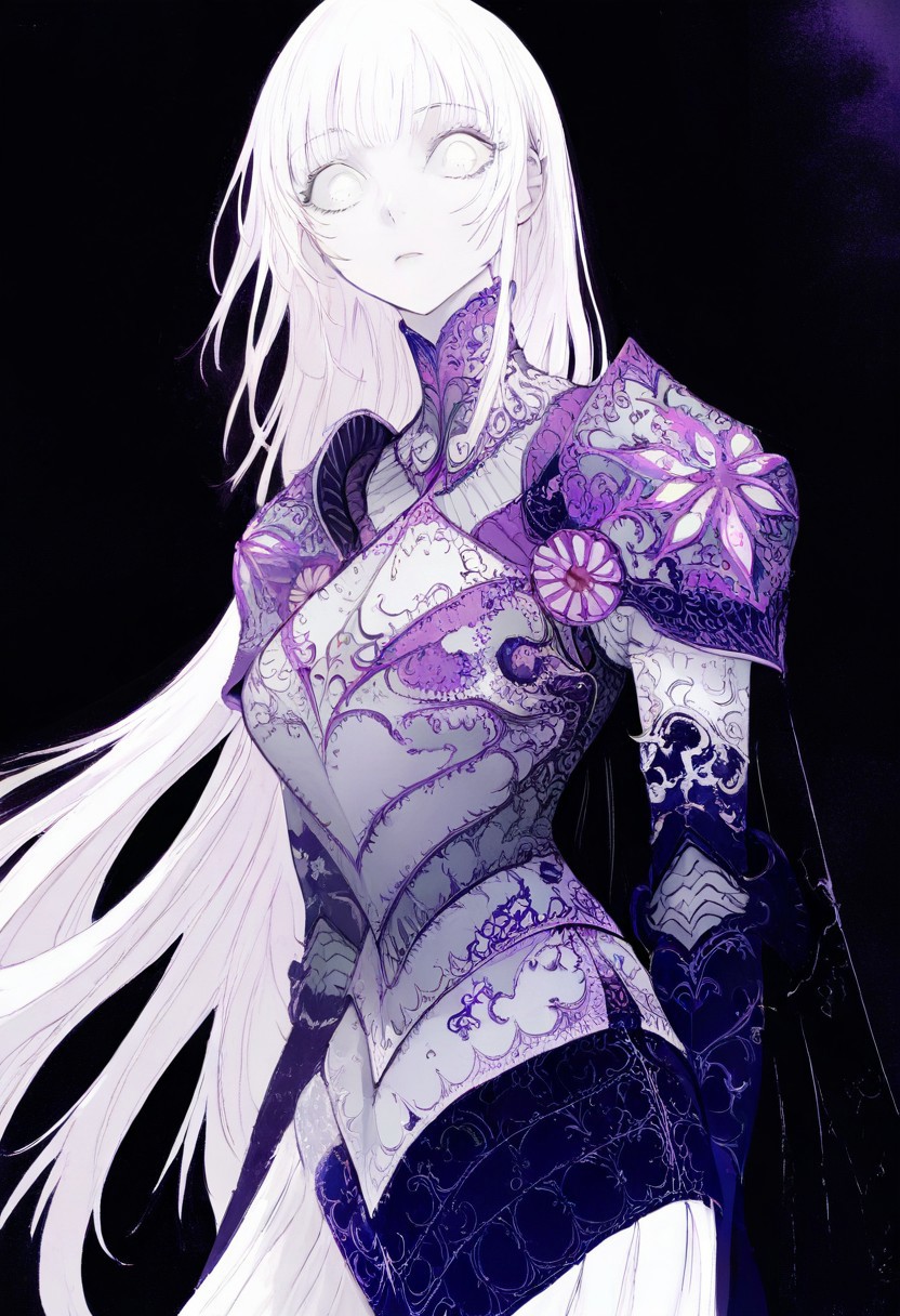 solo, looking at viewer, white eyes, plain black background, 1woman, solo, long white hair, pale white skin, purple and blue armor, masterpiece, best quality, aesthetic, absurdres
 <lora:monfornoob:0.95>
