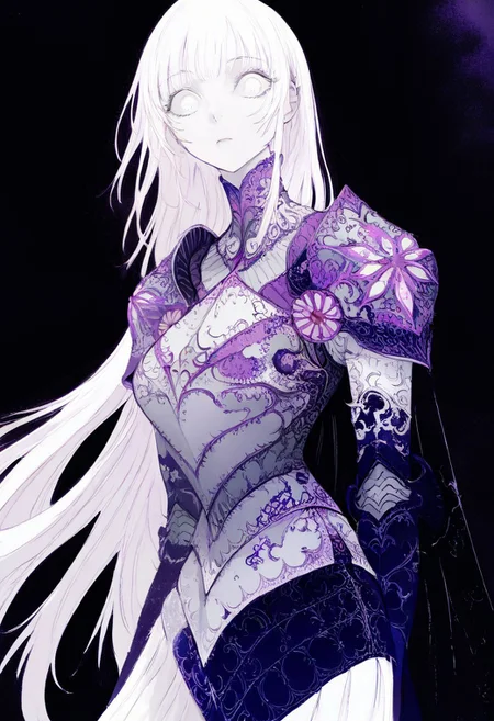 solo, looking at viewer, white eyes, plain black background, 1woman, solo, long white hair, pale white skin, purple and blue armor, masterpiece, best quality, aesthetic, absurdres
<lora:monfornoob:0.95>